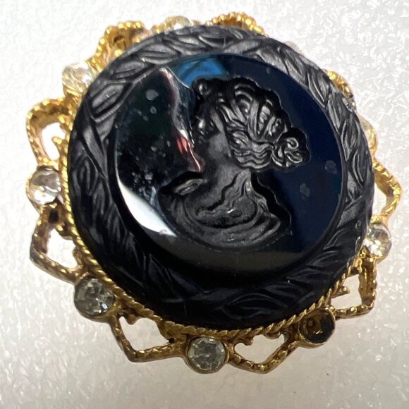 Vintage Robert Rose Cameo Clip-On Earrings Black Goldtone Filigree Rhinestone SE - Picture 11 of 11